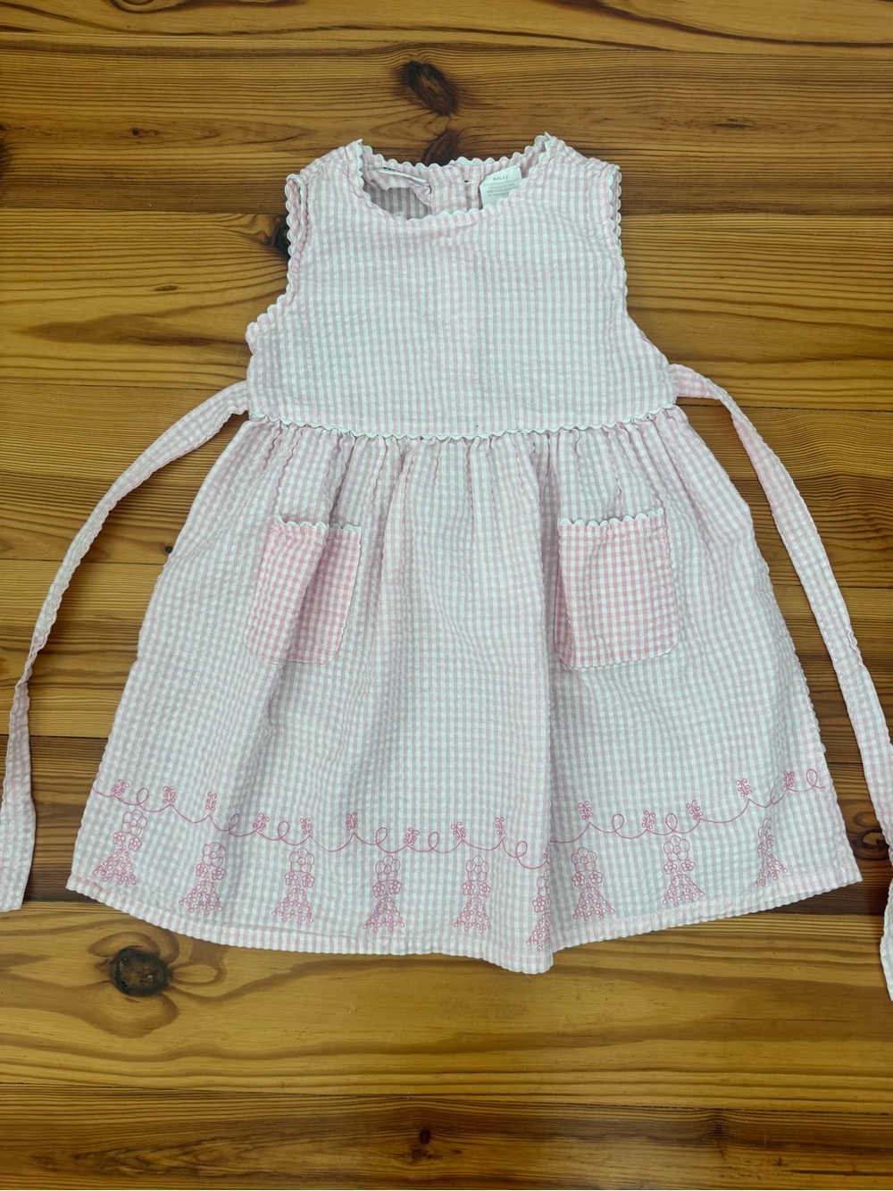 EUC VNT Thomas Girls Pink Seersucker Sleeveless Dress Pockets and embroidery  5T